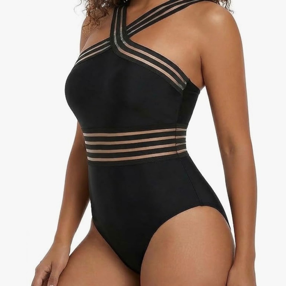 NWT Hilor Strappy Mesh Halter Cross Back One Piece Swimsuit L Black Sexy Minimal